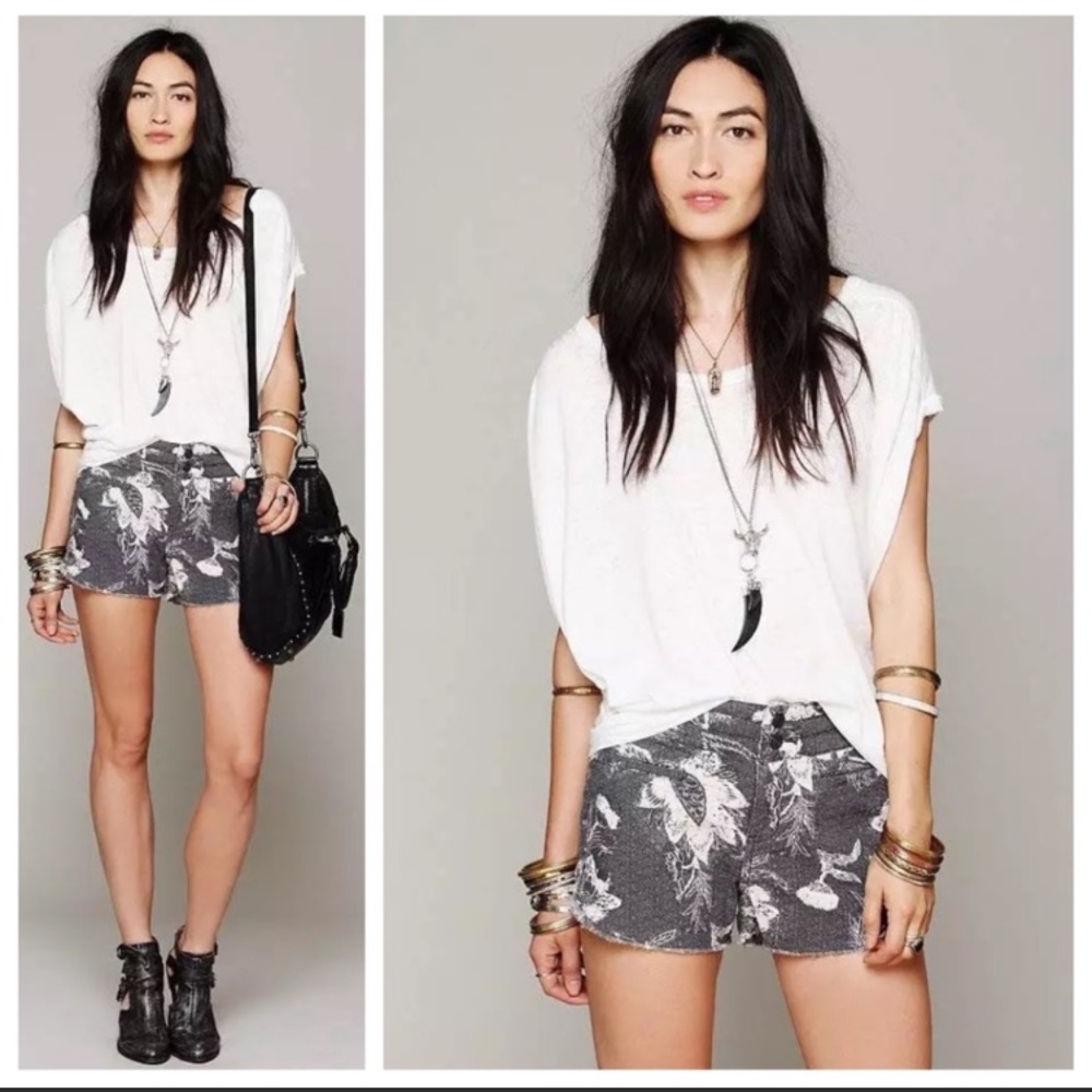 Free People Double Weave, Cotton, Gray & Cream, Floral, Cut Off Shorts